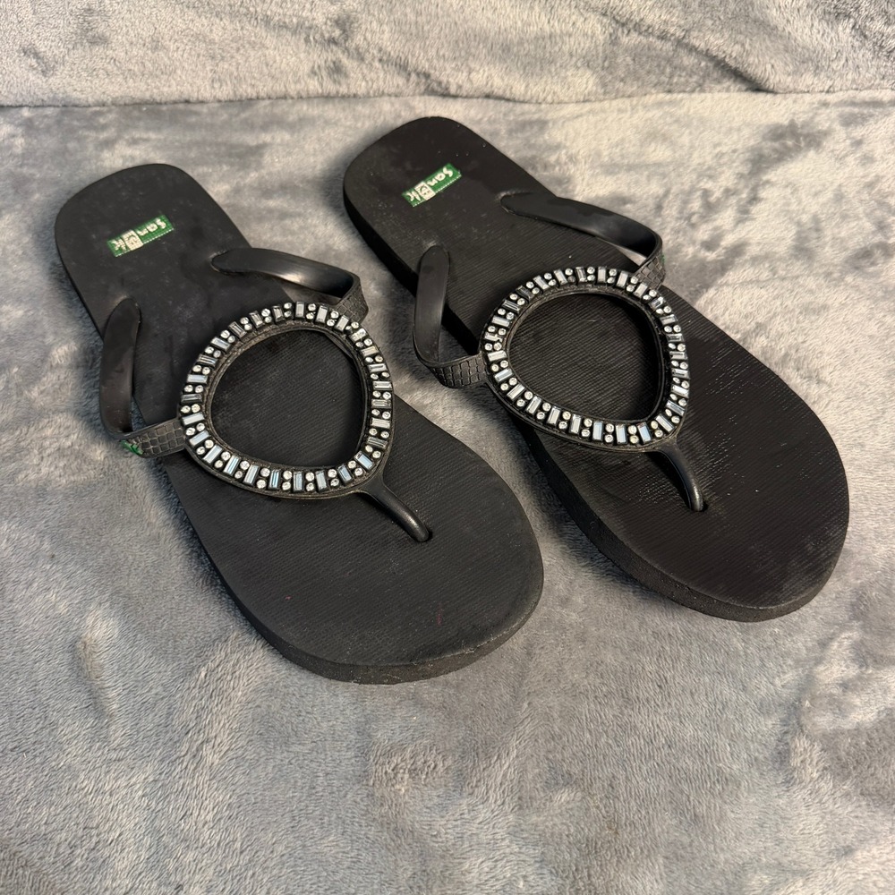 Sanuk Womens 8.5/9 Yoga Mat Black Rhinestone Embellished Flip Flop Sandals